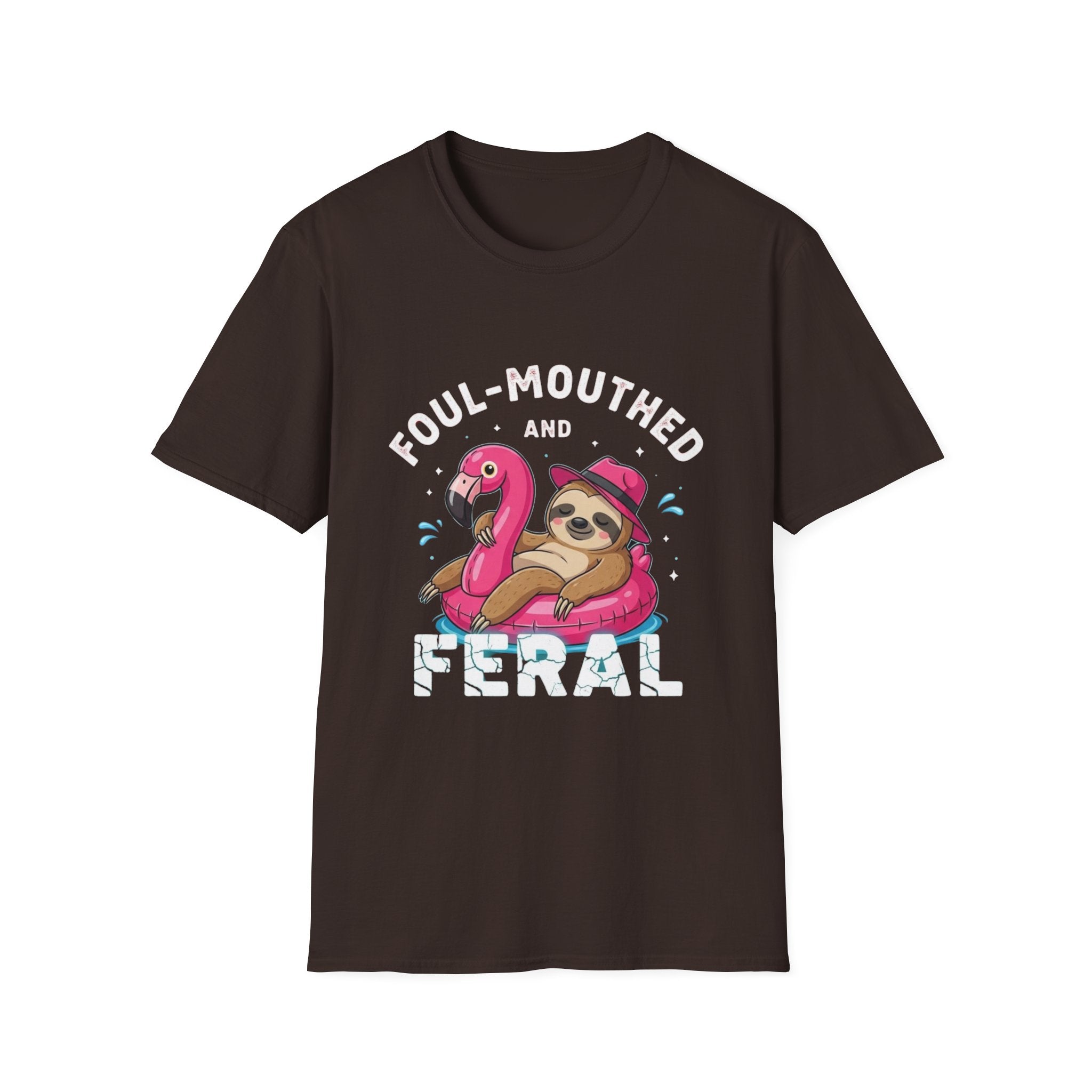 Foul‑Mouthed and Feral Sloth Graphic T-Shirt — Funny Pool Float Flamingo Tee