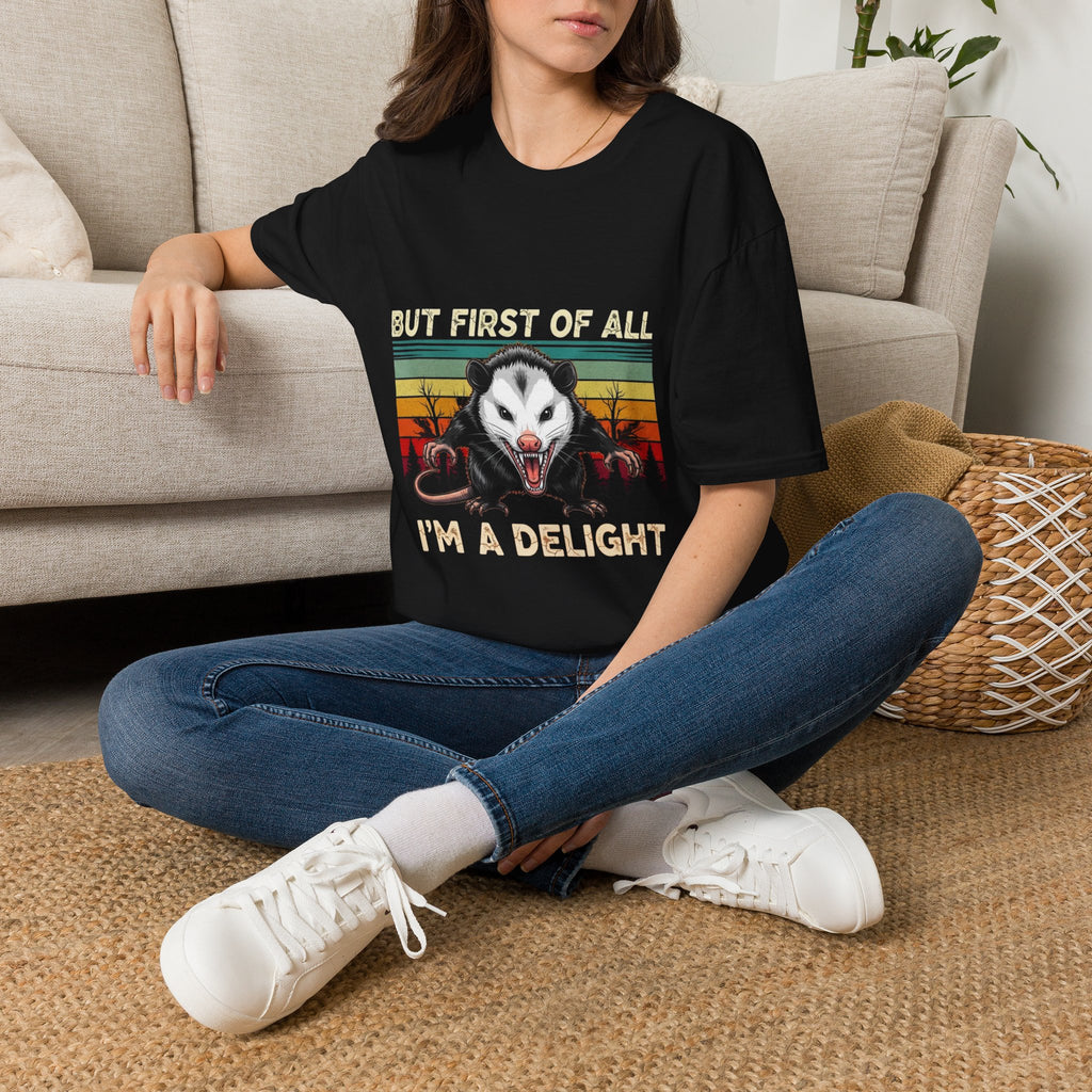 Opossum Graphic Tee — “But First Of All I’m A Delight” Vintage Sunset T-Shirt