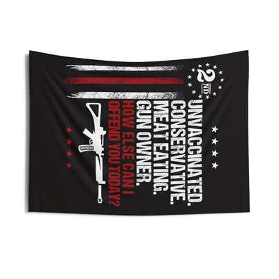 Unvaccinated Conservative Flag Tapestry — 'How Else Can I Defend You Today?' Wall Hanging
