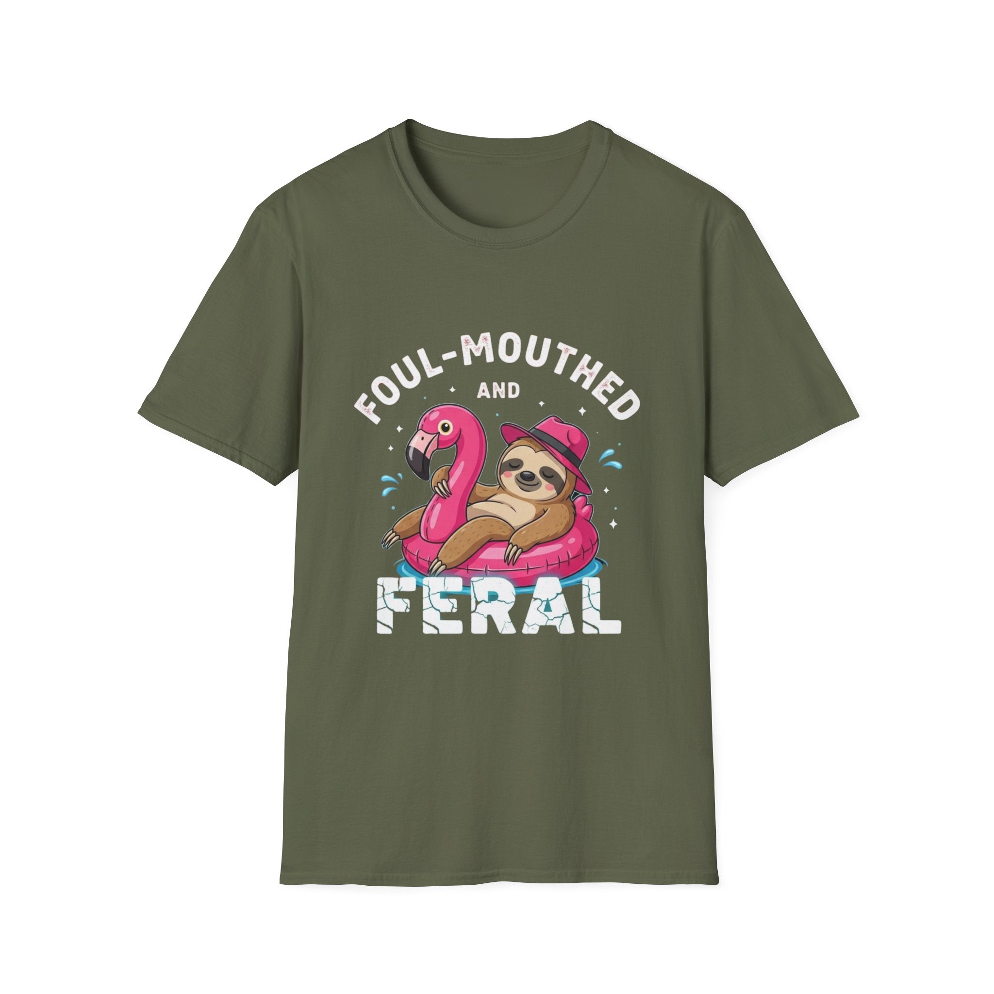 Foul‑Mouthed and Feral Sloth Graphic T-Shirt — Funny Pool Float Flamingo Tee