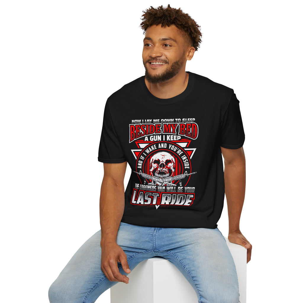 T-Shirt — "Beside My Bed a Gun I Keep" Skull Graphic