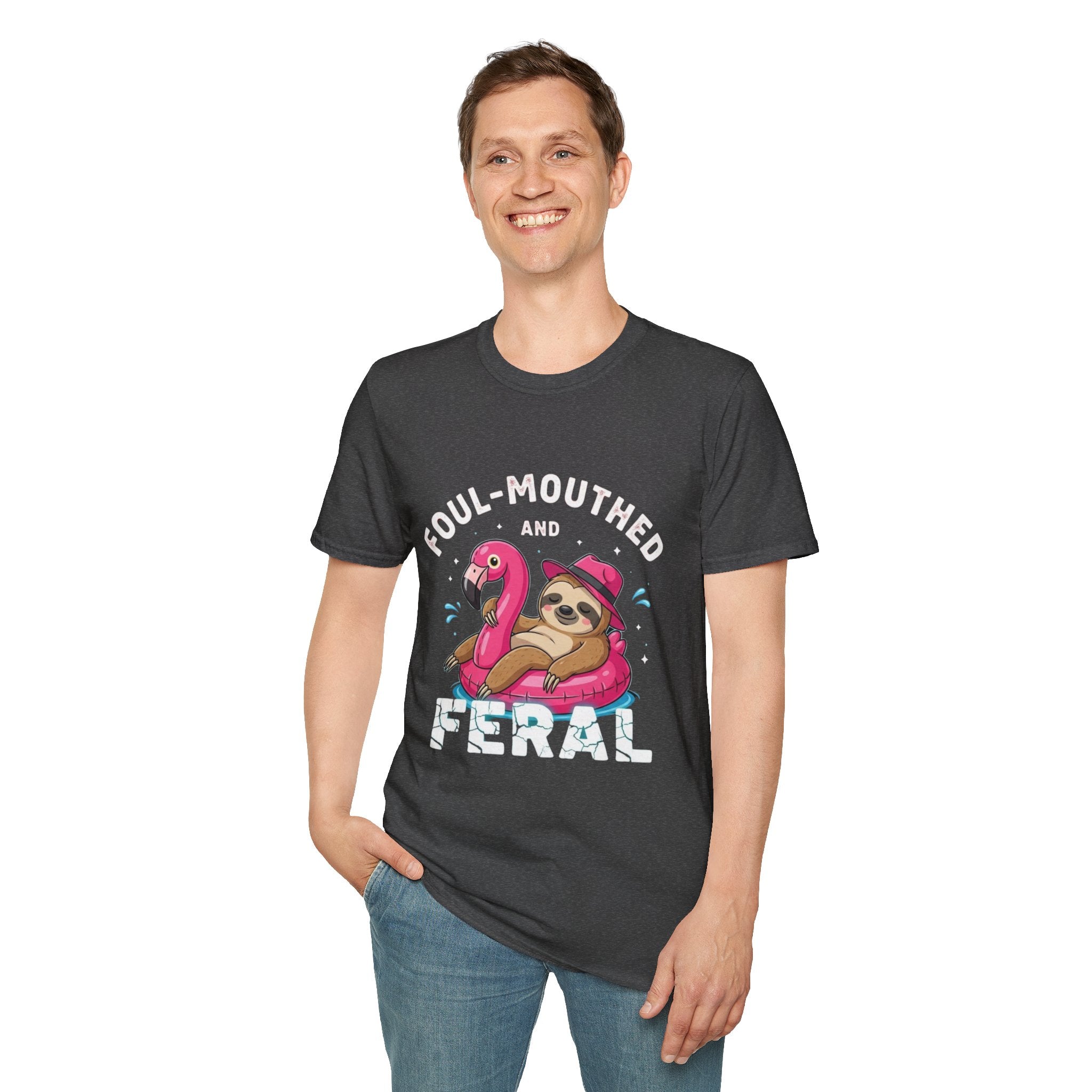 Foul‑Mouthed and Feral Sloth Graphic T-Shirt — Funny Pool Float Flamingo Tee