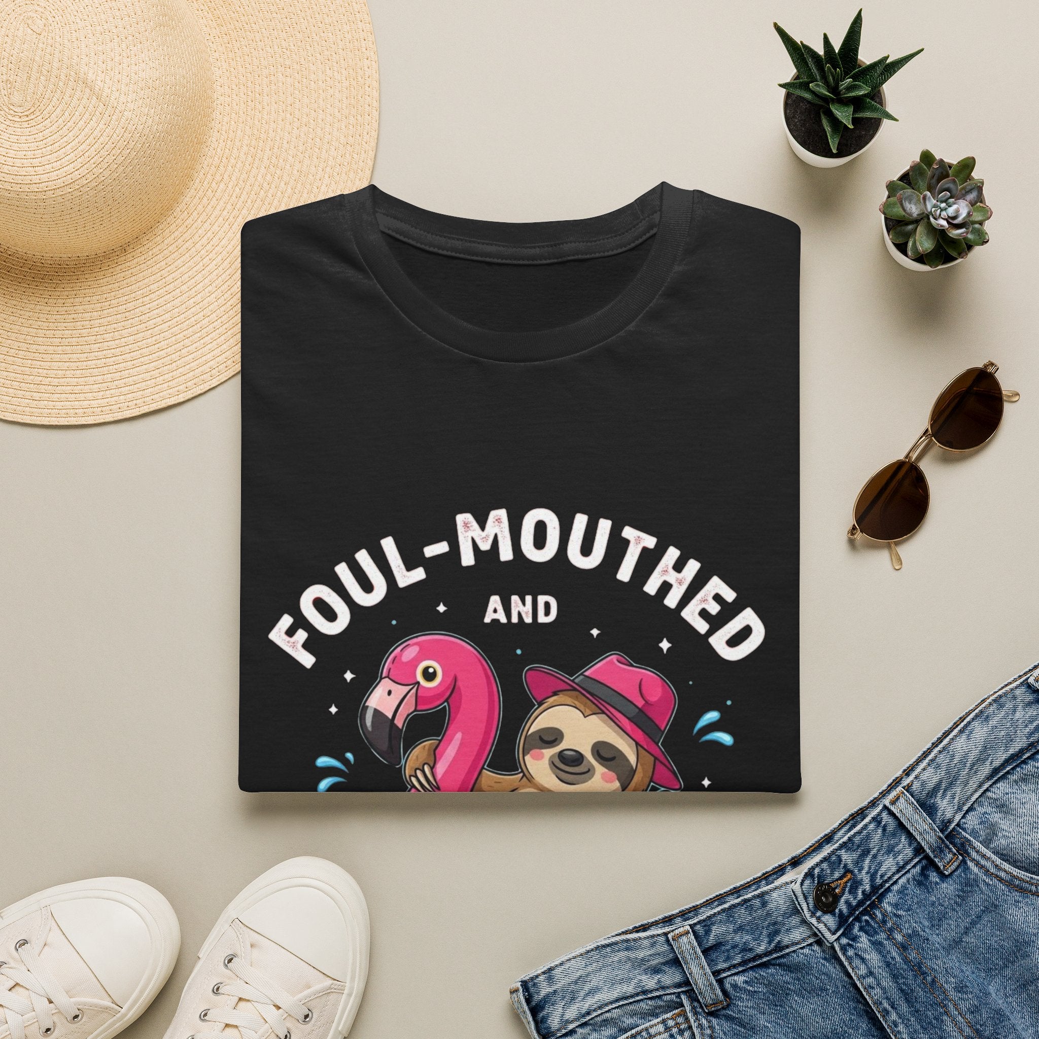 Foul‑Mouthed and Feral Sloth Graphic T-Shirt — Funny Pool Float Flamingo Tee