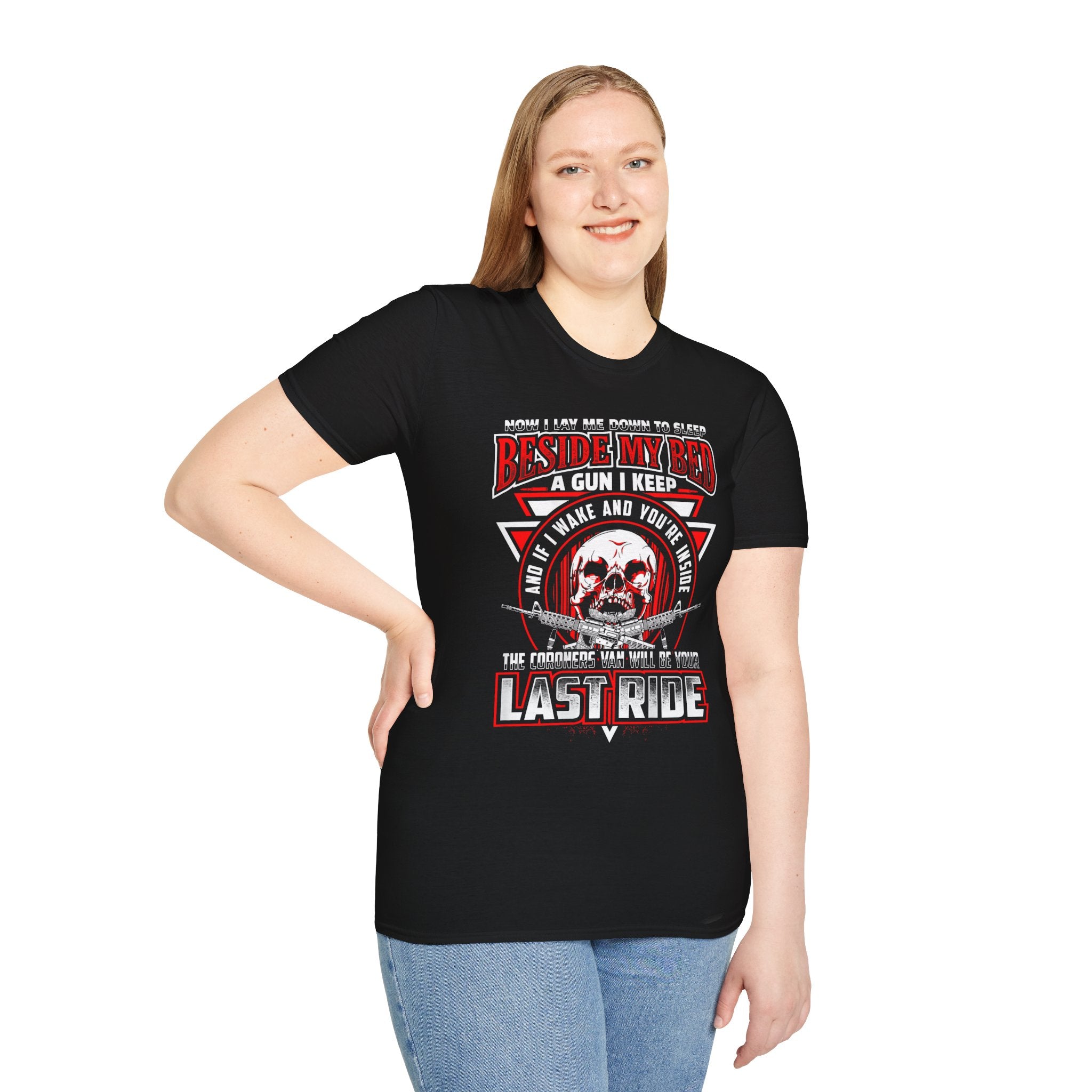 T-Shirt — "Beside My Bed a Gun I Keep" Skull Graphic