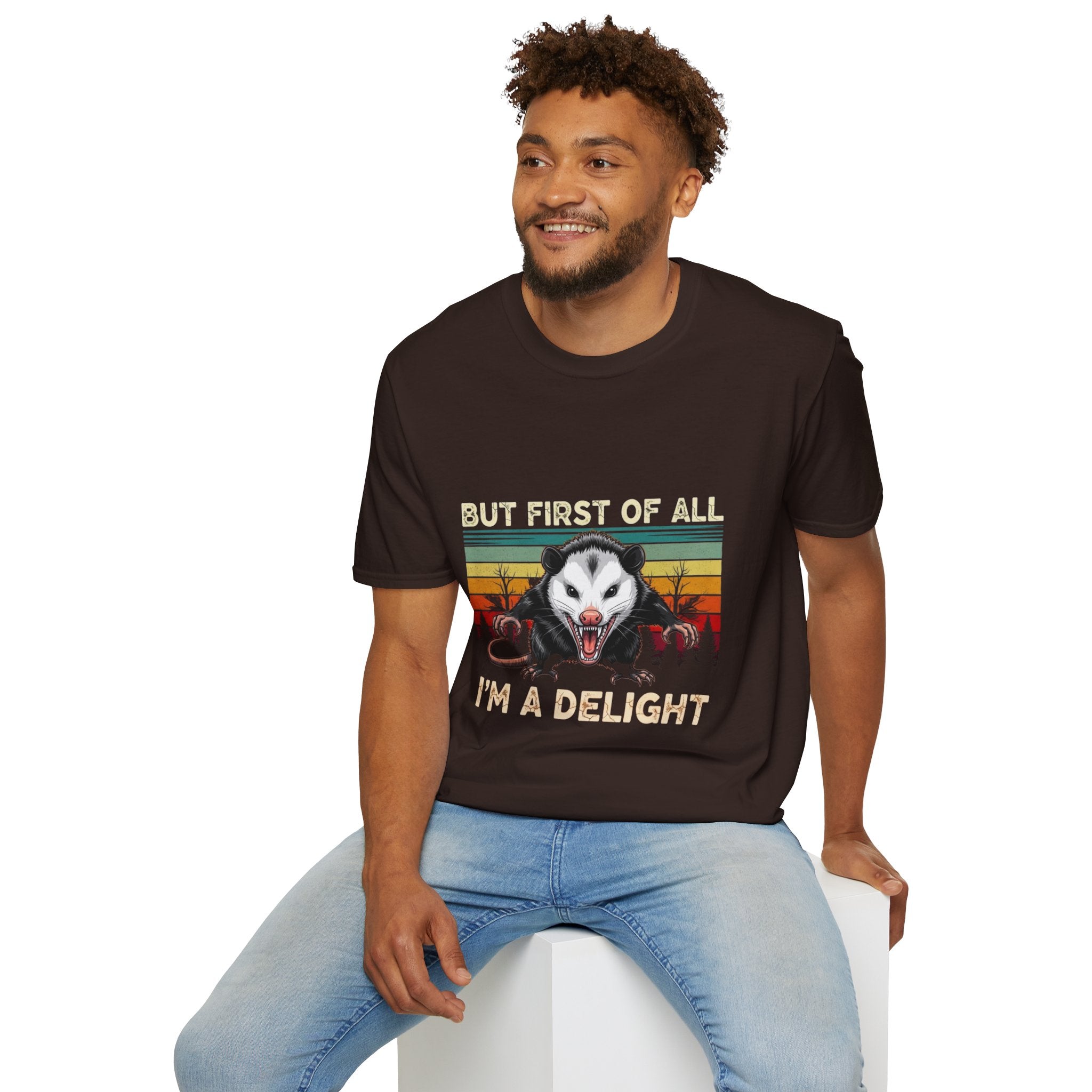 Opossum Graphic Tee — “But First Of All I’m A Delight” Vintage Sunset T-Shirt