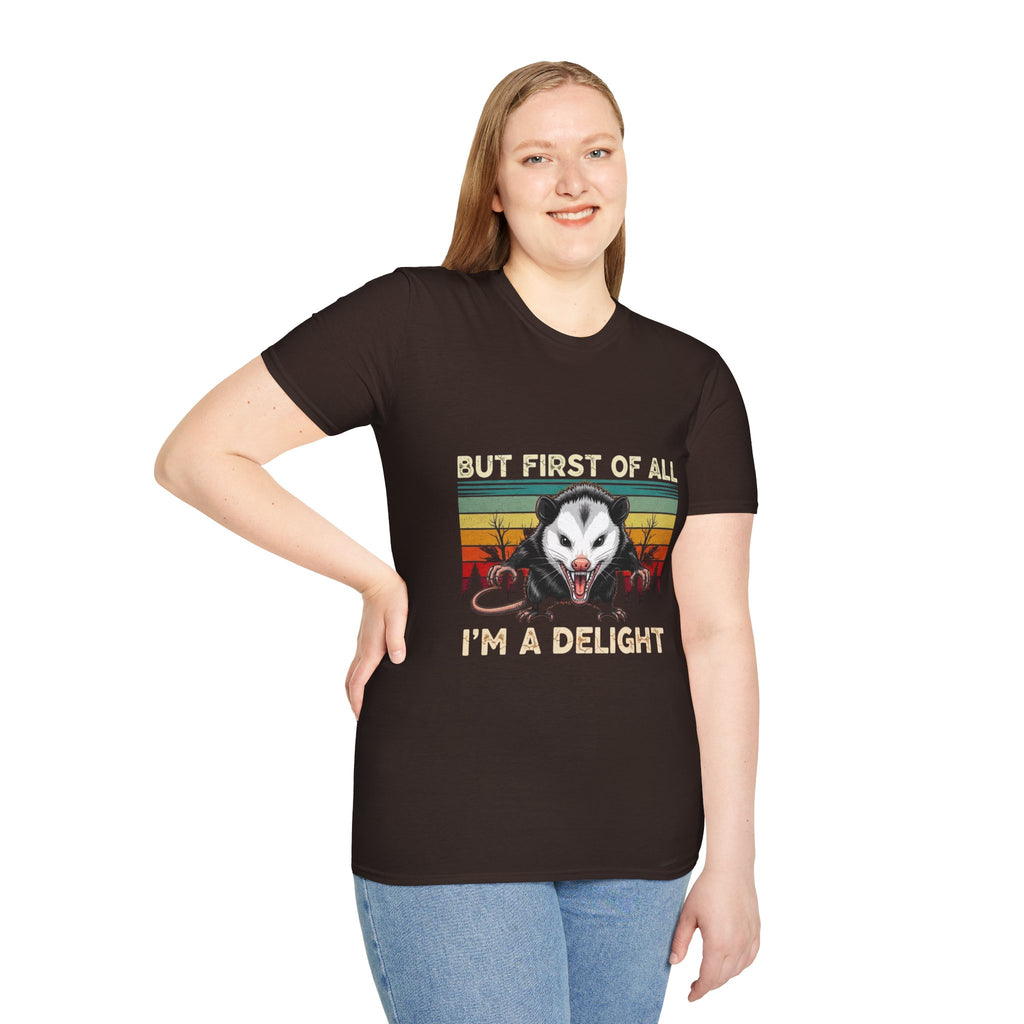 Opossum Graphic Tee — “But First Of All I’m A Delight” Vintage Sunset T-Shirt