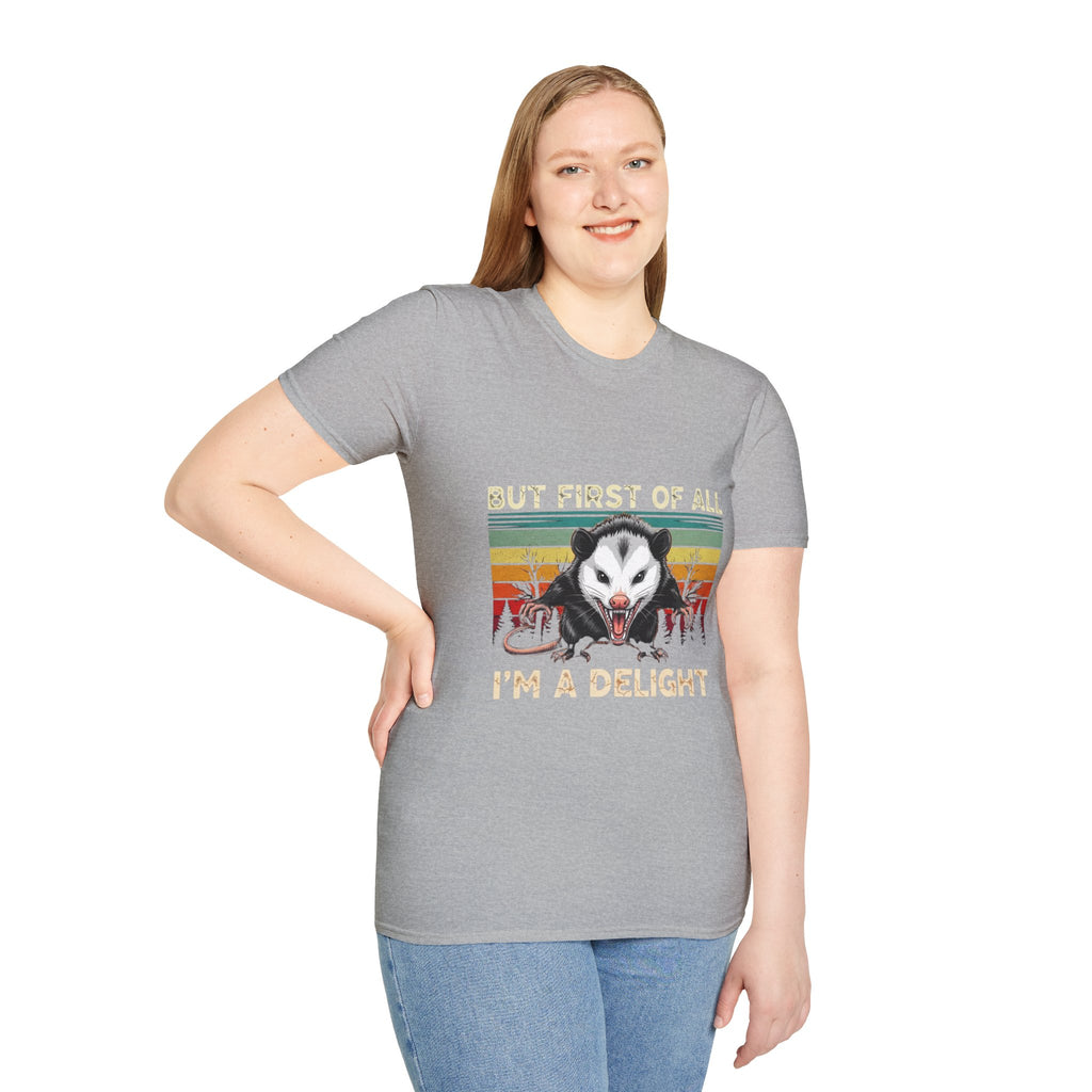 Opossum Graphic Tee — “But First Of All I’m A Delight” Vintage Sunset T-Shirt