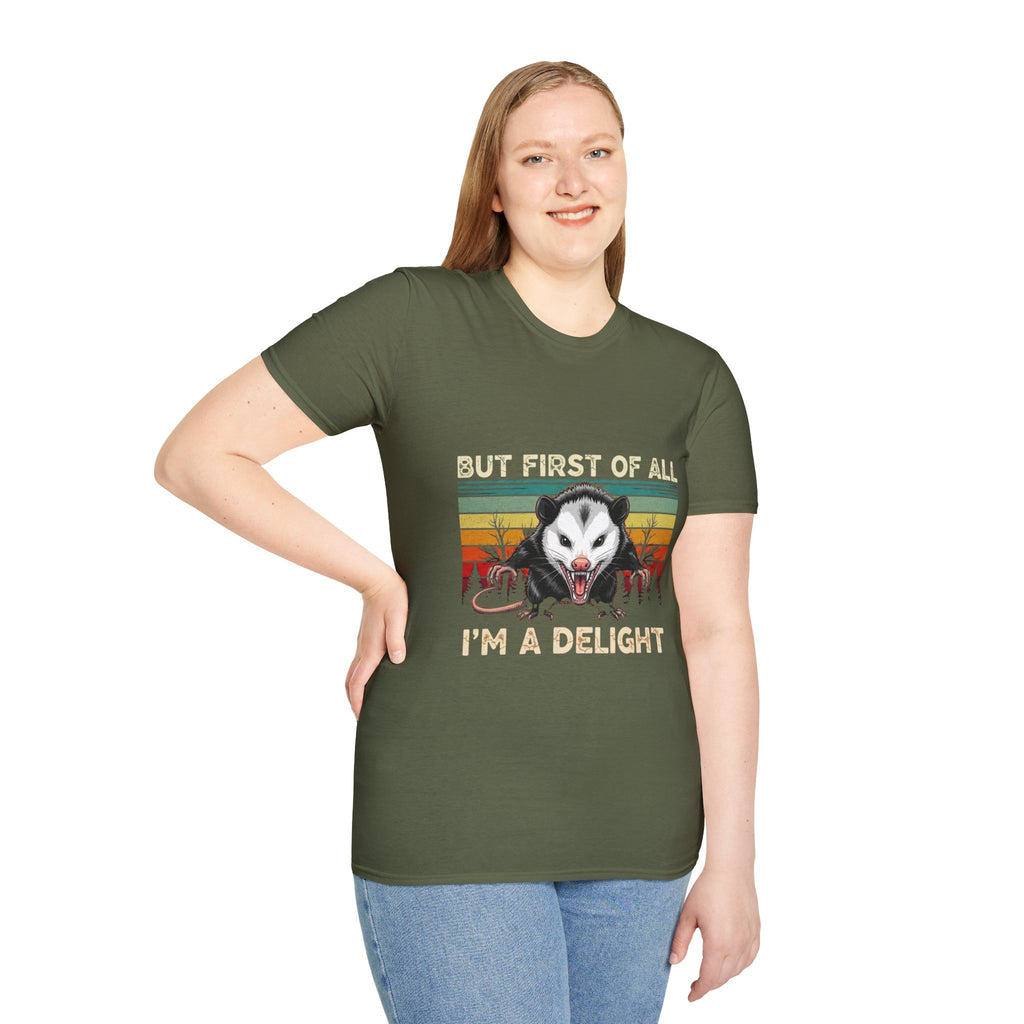 Opossum Graphic Tee — “But First Of All I’m A Delight” Vintage Sunset T-Shirt