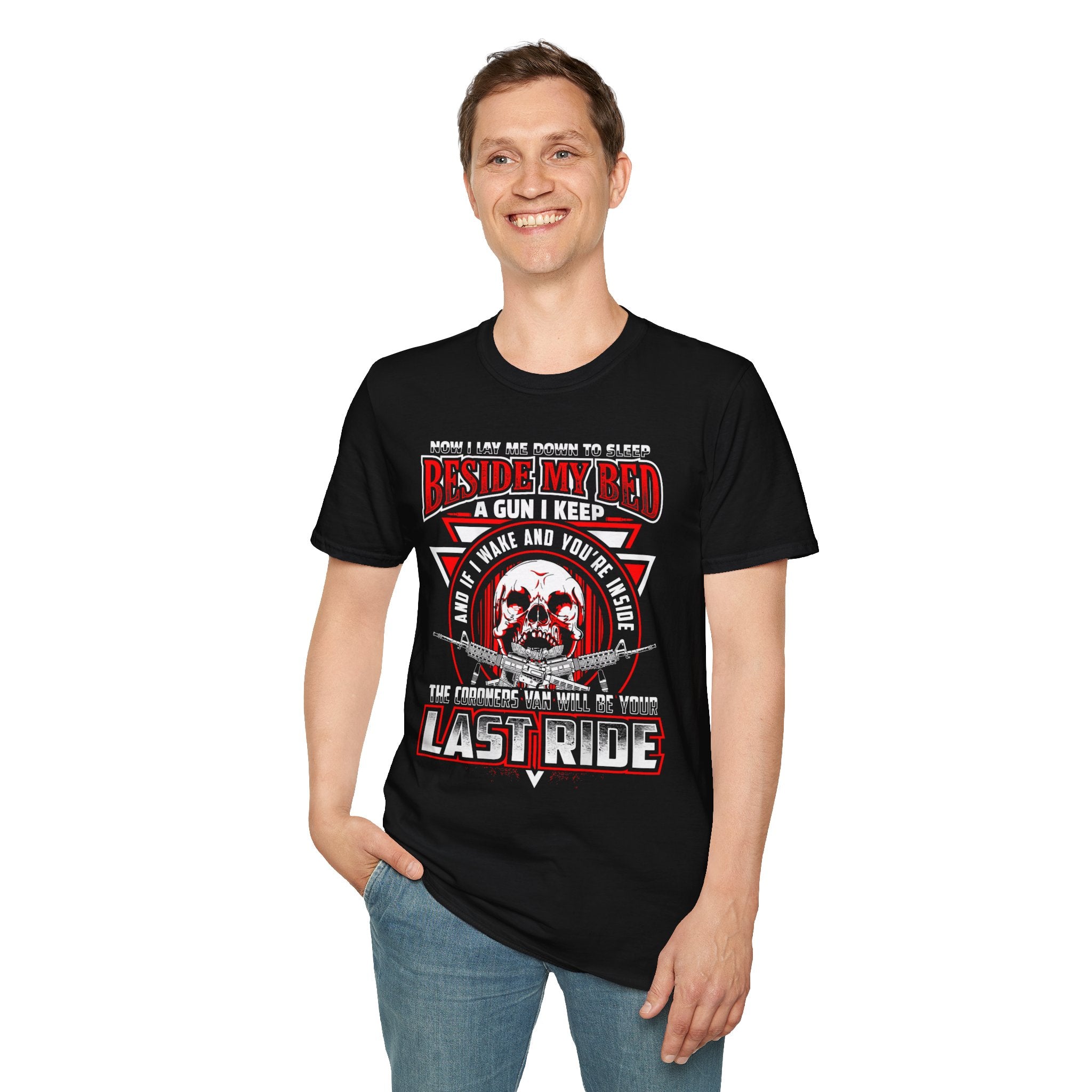 T-Shirt — "Beside My Bed a Gun I Keep" Skull Graphic