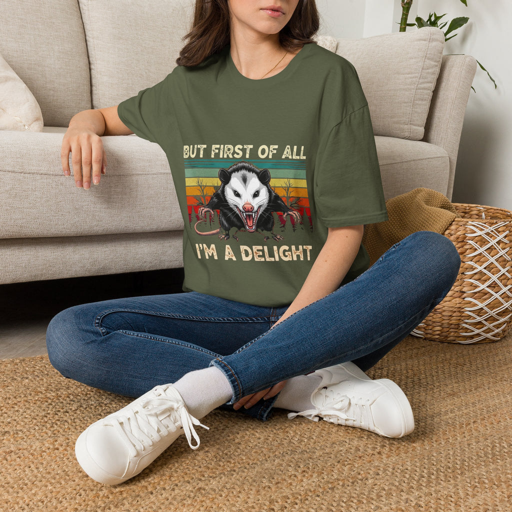 Opossum Graphic Tee — “But First Of All I’m A Delight” Vintage Sunset T-Shirt