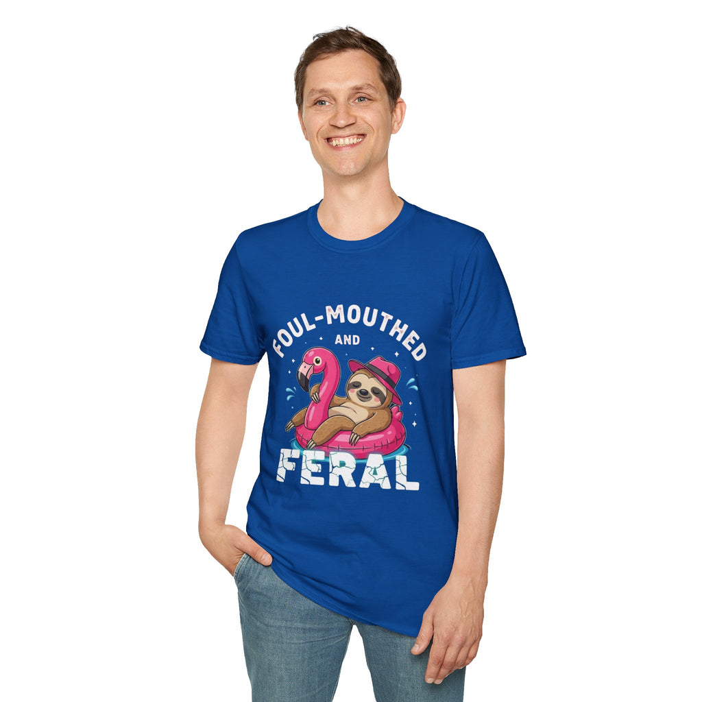 Foul‑Mouthed and Feral Sloth Graphic T-Shirt — Funny Pool Float Flamingo Tee